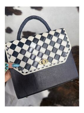 Woven Black and White Top-Handle Satchel